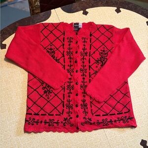 Vintage Elegant Red Cardigan with Black Embroidery